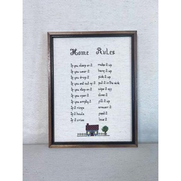 Framed Cross-Stitch "Home Rules" | Handmade Embroidered Wall Art | Rustic Decor - Picture 8 of 8